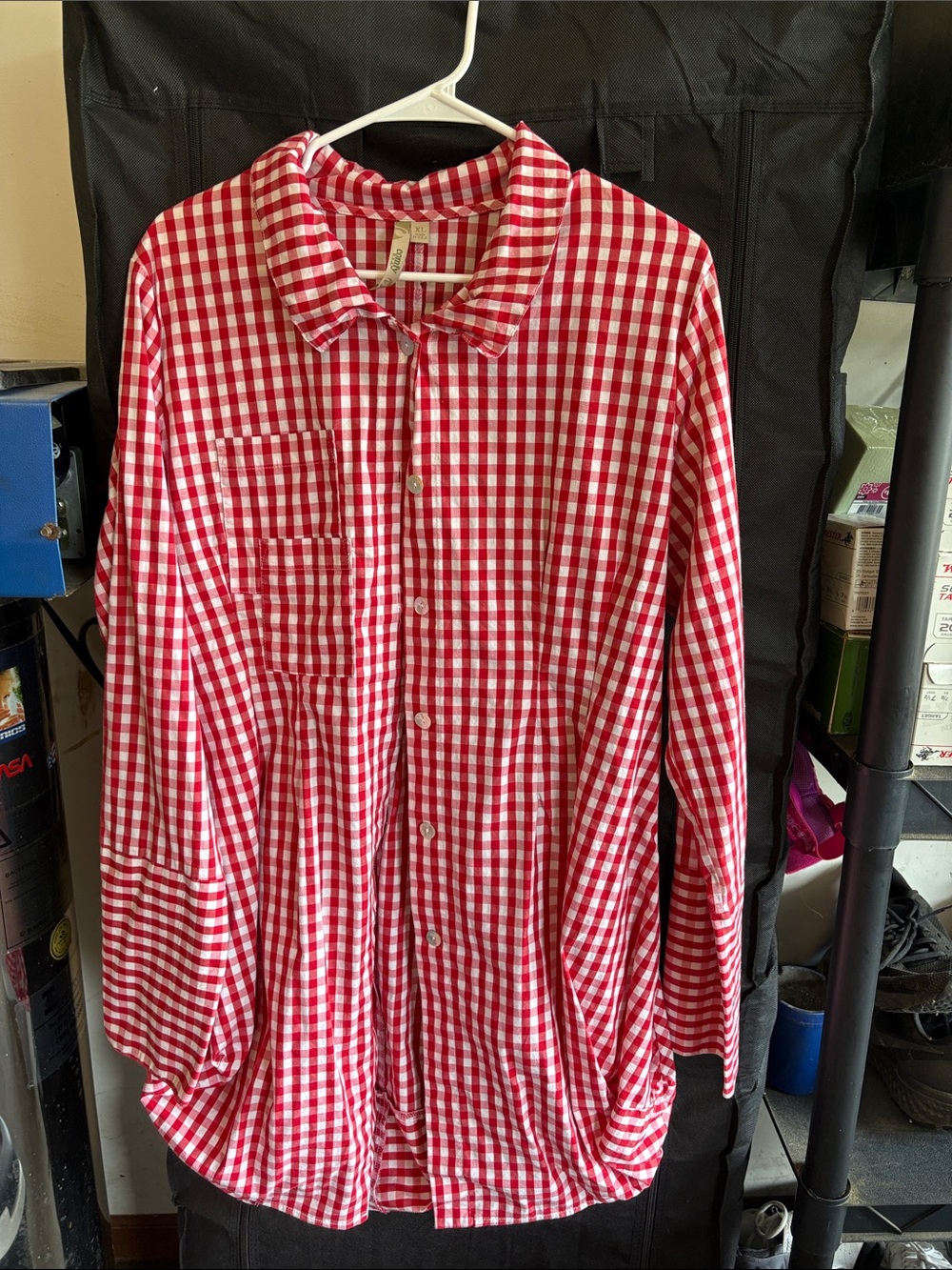 Comfy USA Red and White Gingham Button-Up Blouse